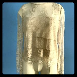 Long Sleeve Lace Zip Up Back Tiered Blouse